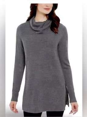 Adrienne Vittadini Gray Cowl Neck Longline Sweater S